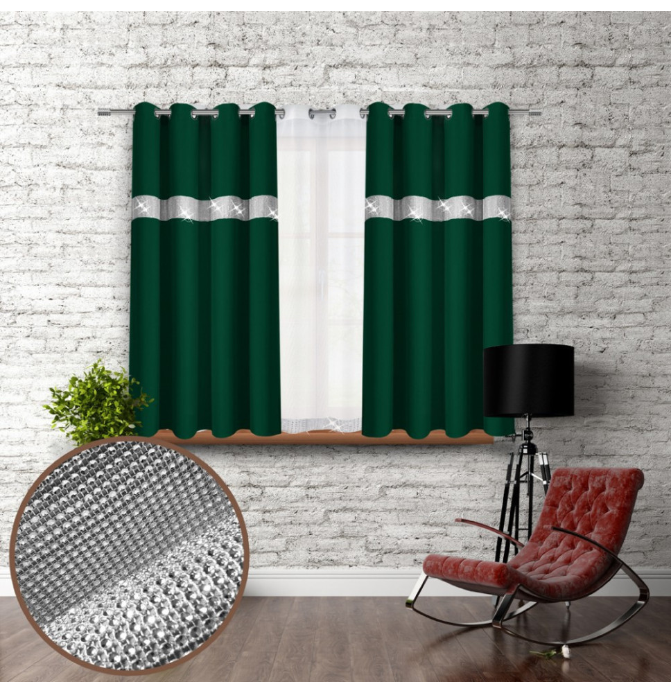 Függöny a gyűrűk cirkóniával 140x160 cm sötétzöld