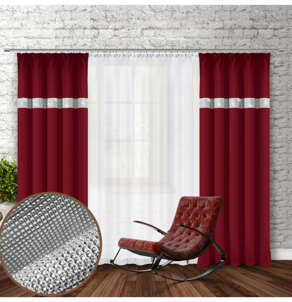 Függöny szalaggal és cirkonokkal 140x250 cm bordeaux