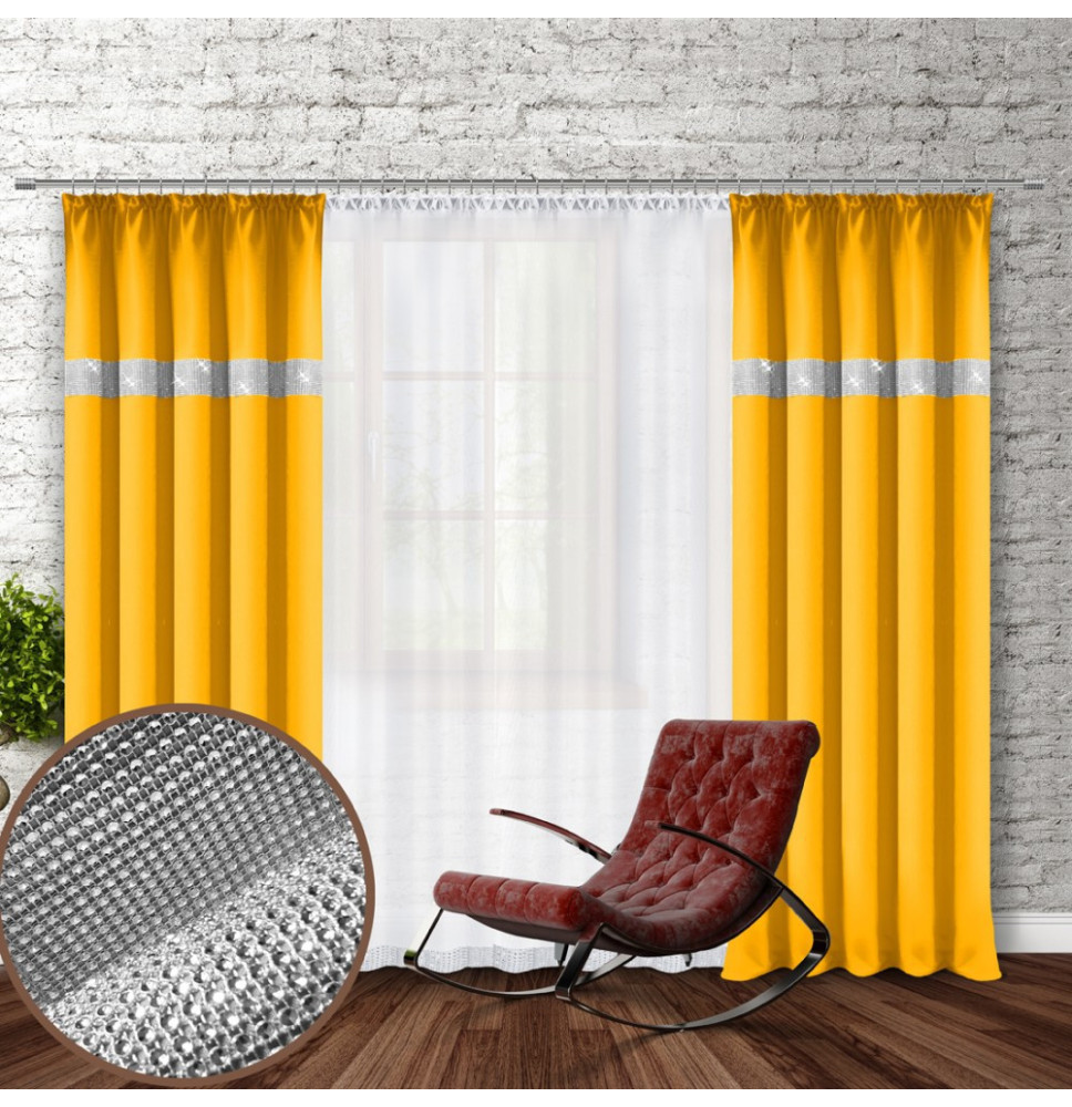 Függöny szalaggal és cirkonokkal 140x250 cm sárga