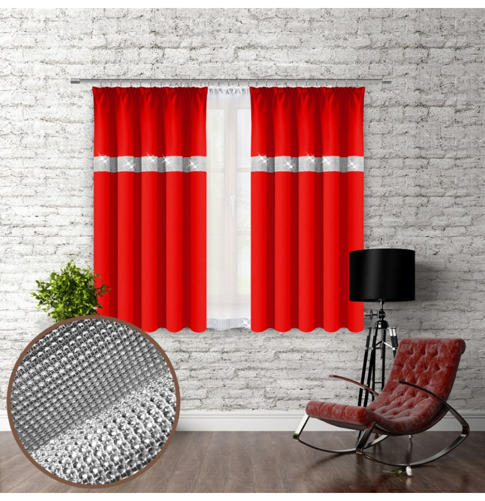 Függöny szalaggal és cirkonokkal 140x160 cm piros