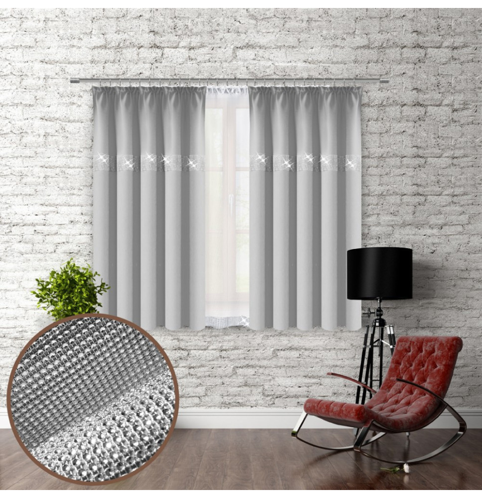 Függöny szalaggal és cirkonokkal 140x160 cm világos szürke