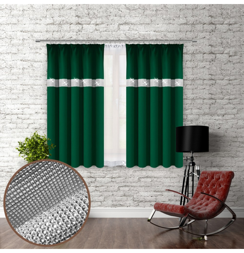 Függöny szalaggal és cirkonokkal 140x160 cm sötétzöld