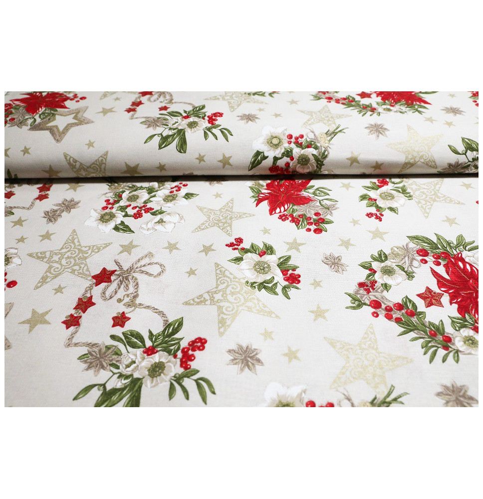 Anyag Pamut Karácsonyi rózsák bézs, m. 140 cm