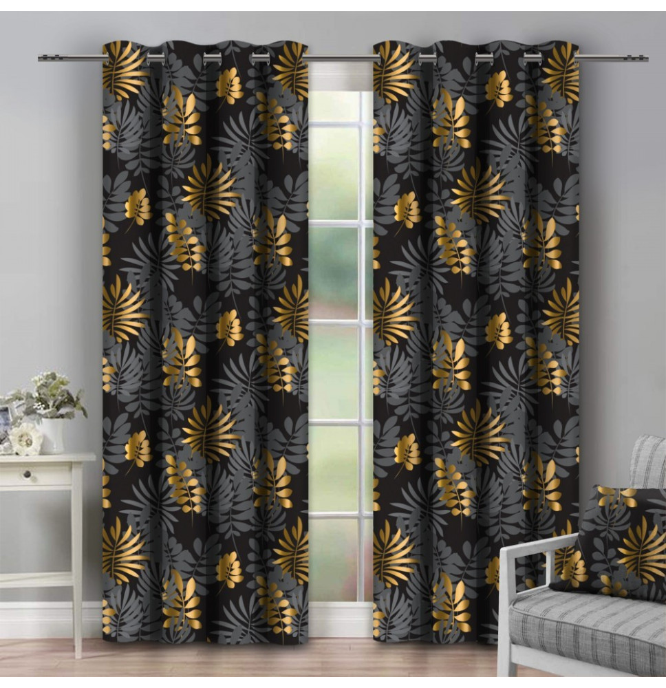 Függöny a gyűrűk 140x250 cm fekete levelekkel