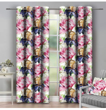 Függöny a gyűrűk 140x250 cm fehér, rózsaszín virágokkal