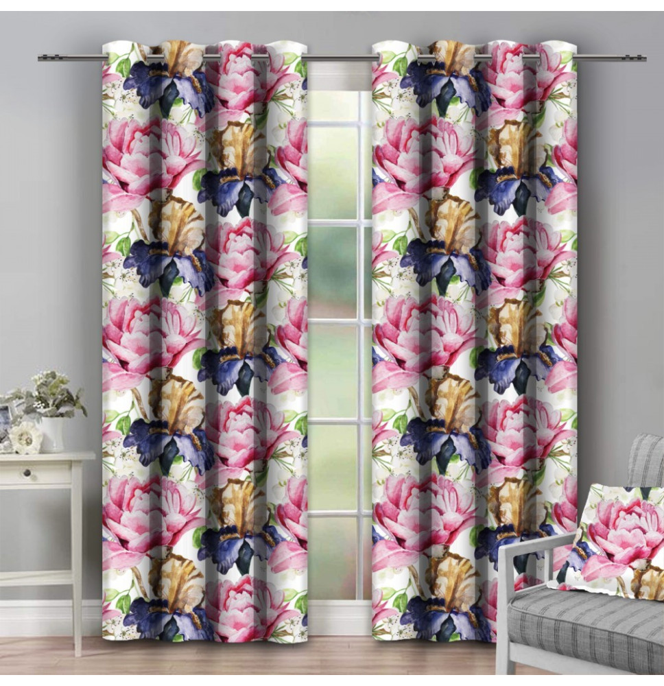 Függöny a gyűrűk 140x250 cm fehér, rózsaszín virágokkal