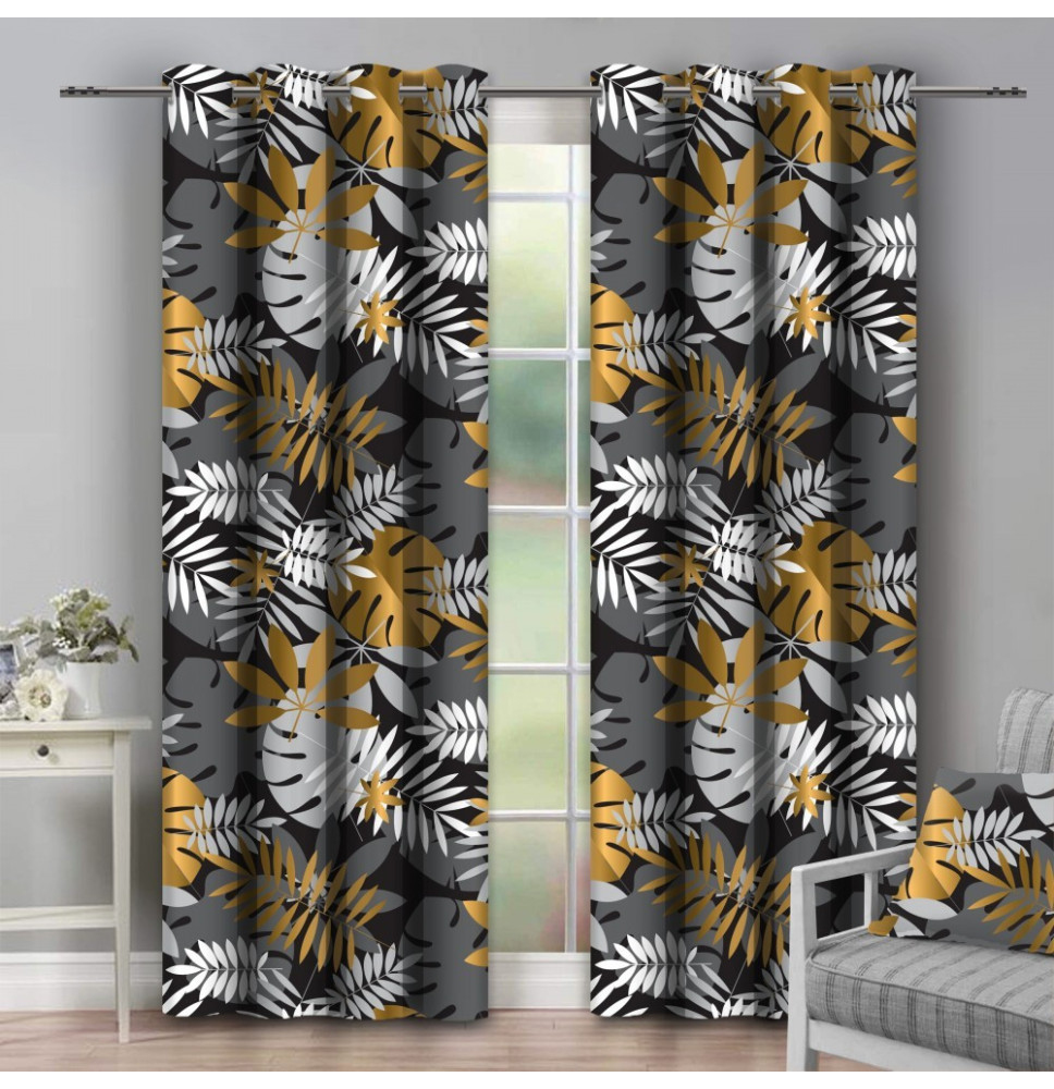 Függöny a gyűrűk 140x250 cm szürke levelekkel