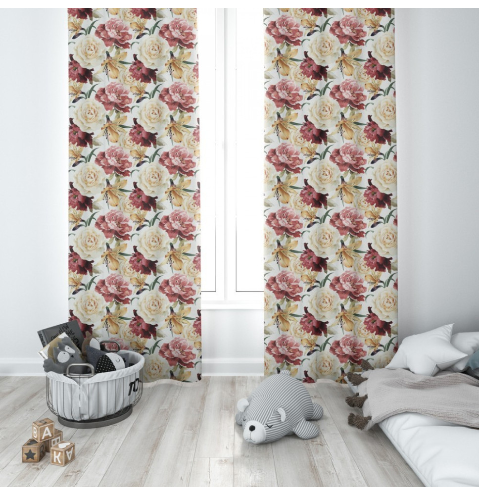 Függöny a gyűrűk 140x250 cm bézs, nagy virágokkal