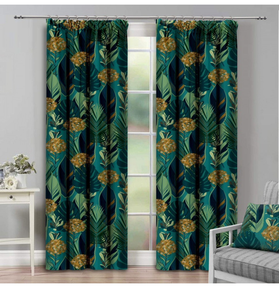 Függöny szalaggal 140x250 cm sötétzöld levelek