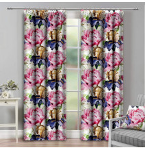 Függöny szalaggal 140x250 cm fehér, rózsaszín virágokkal