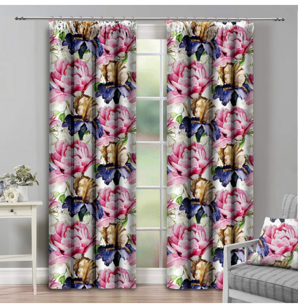 Függöny szalaggal 140x250 cm fehér, rózsaszín virágokkal