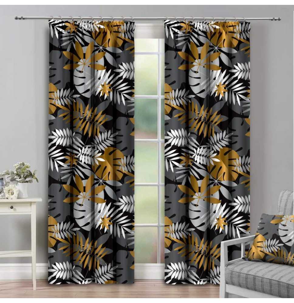 Függöny szalaggal 140x250 cm szürke levelekkel