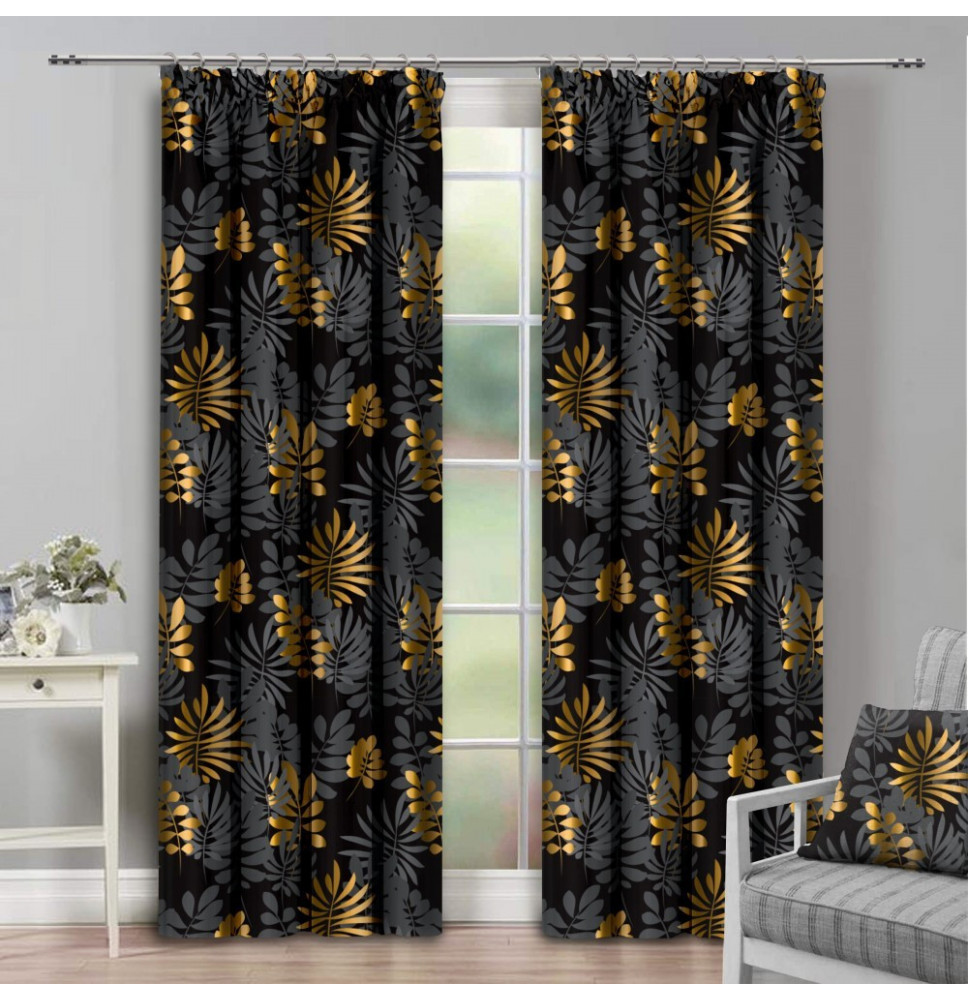 Függöny szalaggal 140x250 cm fekete levelekkel