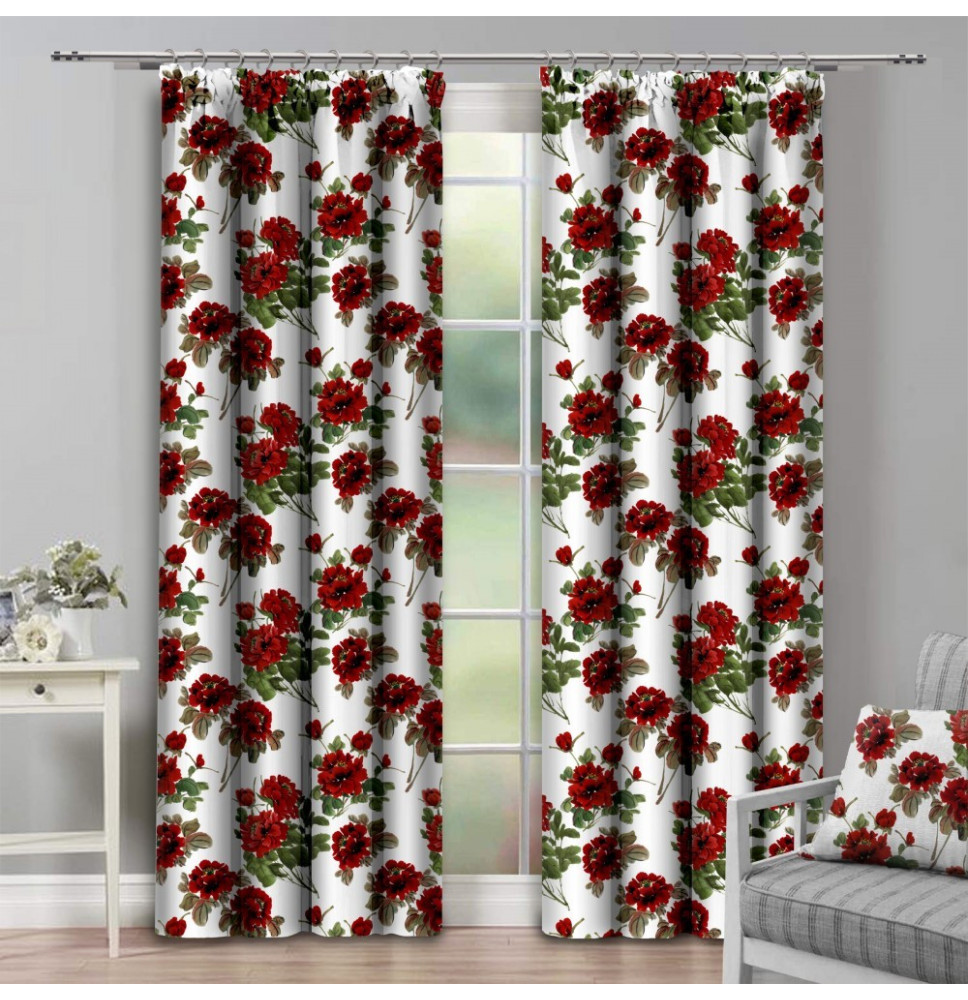 Függöny szalaggal 140x250 cm fehér, piros virágok
