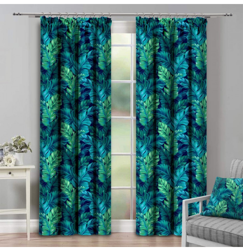 Függöny szalaggal 140x250 cm türkizzöld, egzotikus levelek