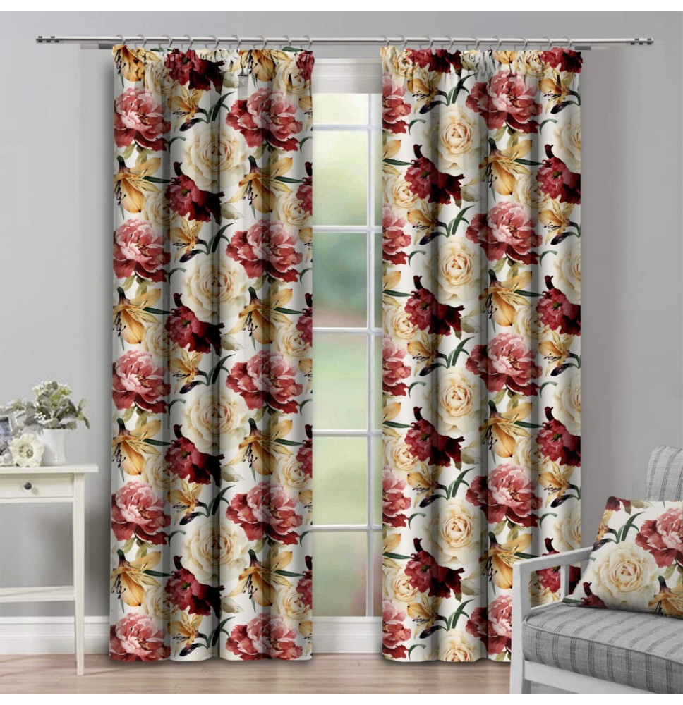 Függöny szalaggal 140x250 cm bézs, nagy virágokkal