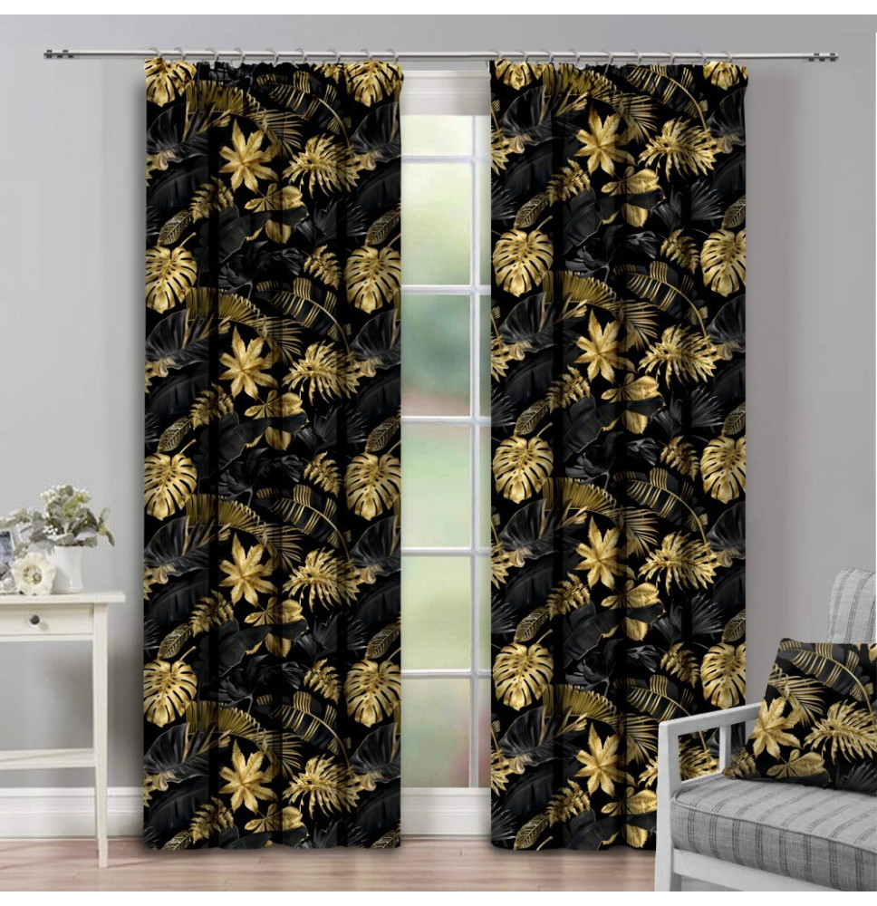 Függöny szalaggal 140x250 cm fekete, levél szörnyeteg