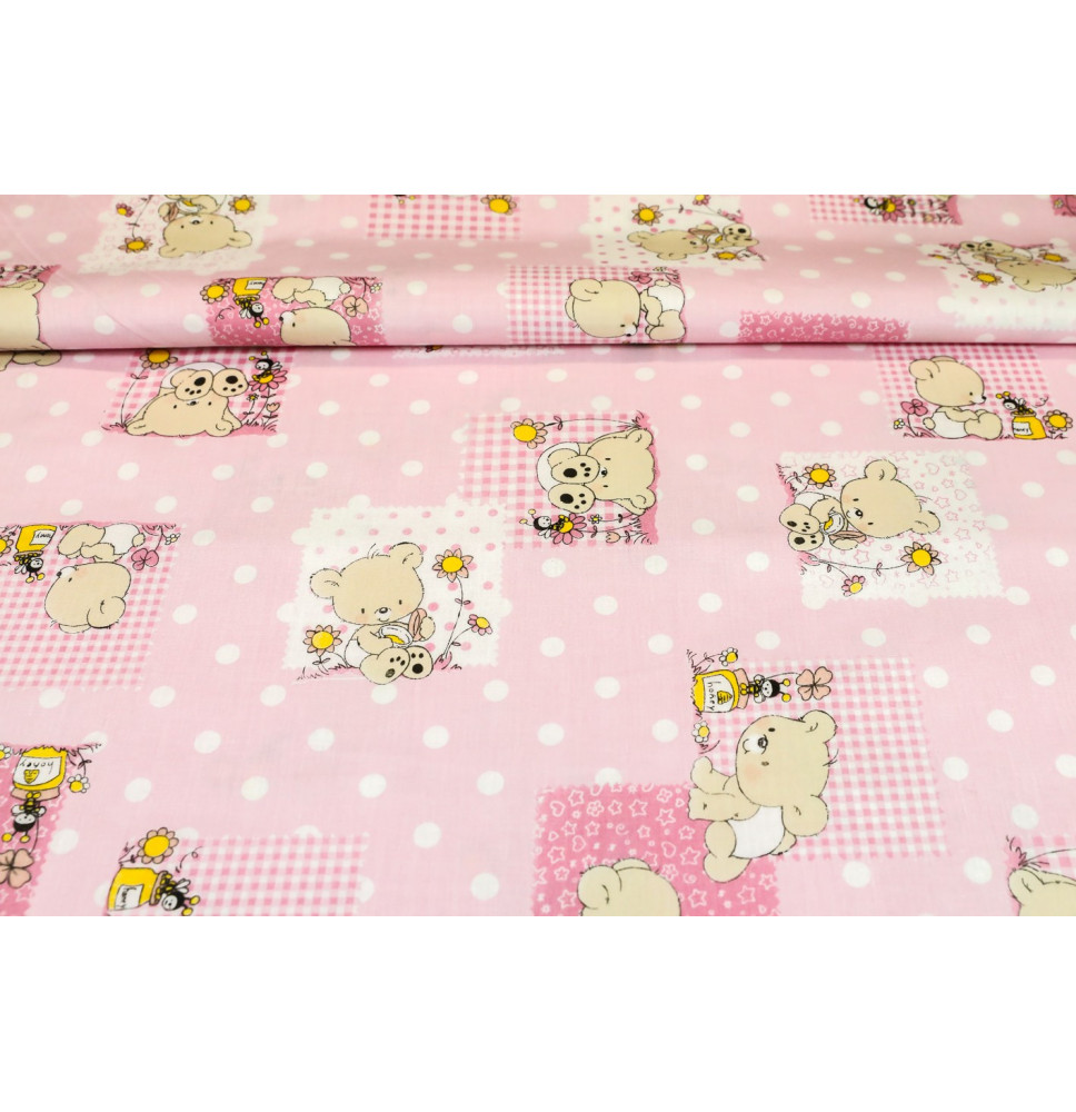 Pamut szövet Teddi maci rózsaszín, h. 145 cm