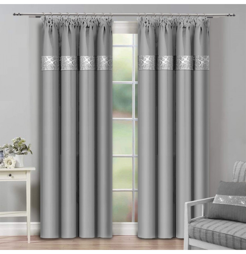 Függöny szalaggal és cirkonokkal 140x250 cm világos szürke