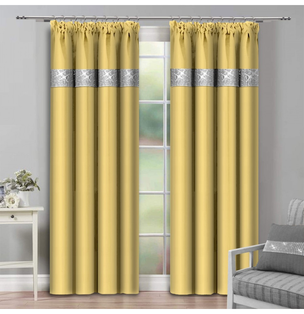 Függöny szalaggal és cirkonokkal 140x250 cm sárga pasztell