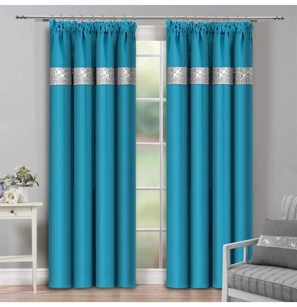 Függöny szalaggal és cirkonokkal 140x250 cm türkizkék