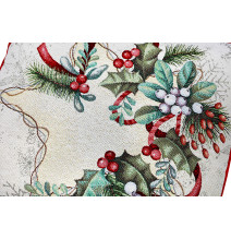 Karácsonyi gobelin párnahuzat - Téli dekoráció magyal és szalaggal