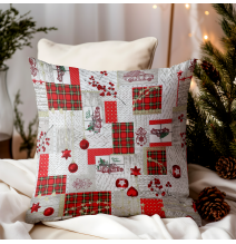 Karácsonyi párnahuzat piros kockás mintával és karácsonyi motívumokkal