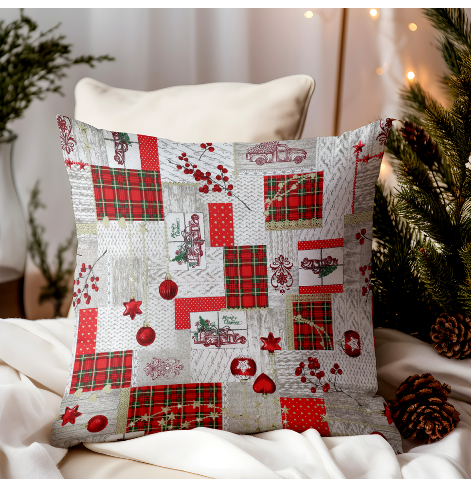 Karácsonyi párnahuzat piros kockás mintával és karácsonyi motívumokkal