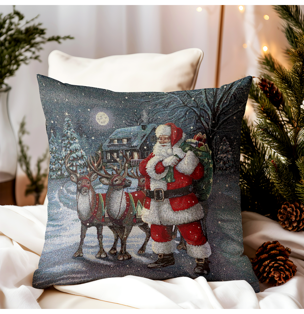 Karácsonyi gobelin párnahuzat lurexszel - Mikulás szarvassal