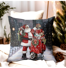 Karácsonyi gobelin párnahuzat - Mikulás egy robogón ajándékokkal