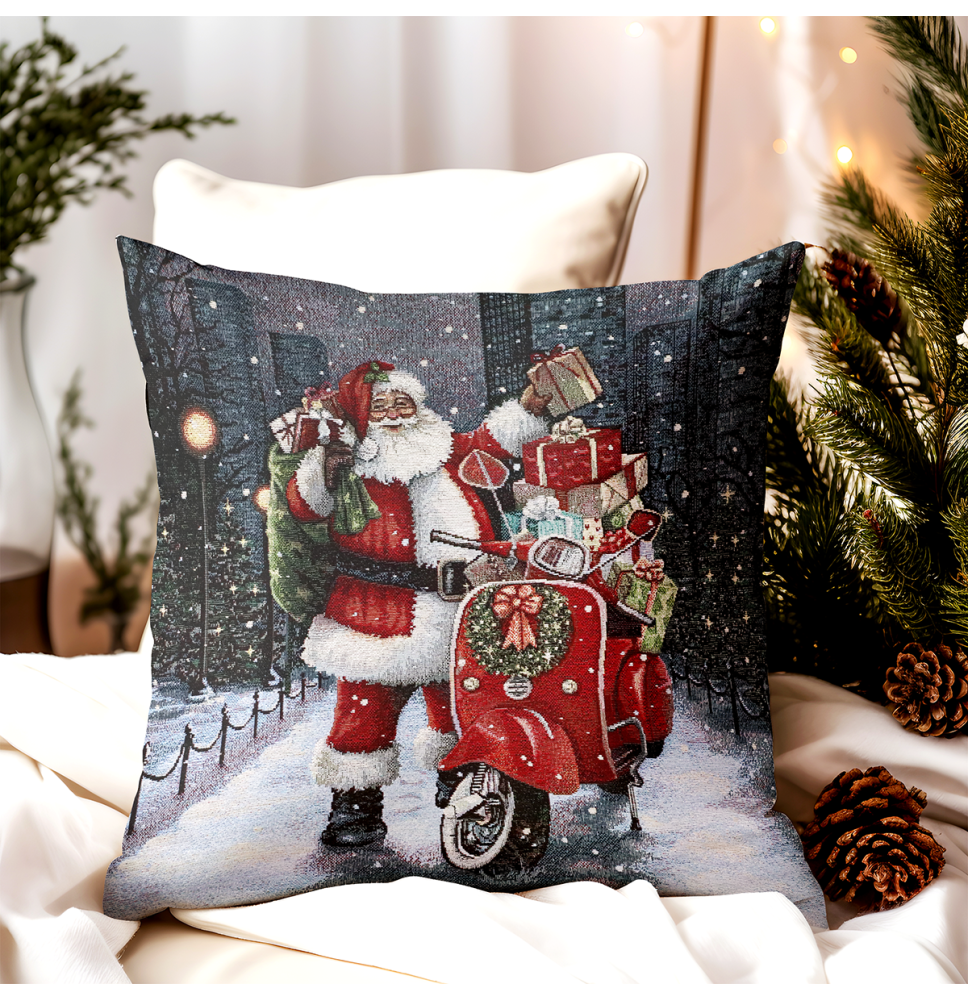 Karácsonyi gobelin párnahuzat - Mikulás egy robogón ajándékokkal