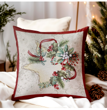 Karácsonyi gobelin párnahuzat - Téli dekoráció magyal és szalaggal
