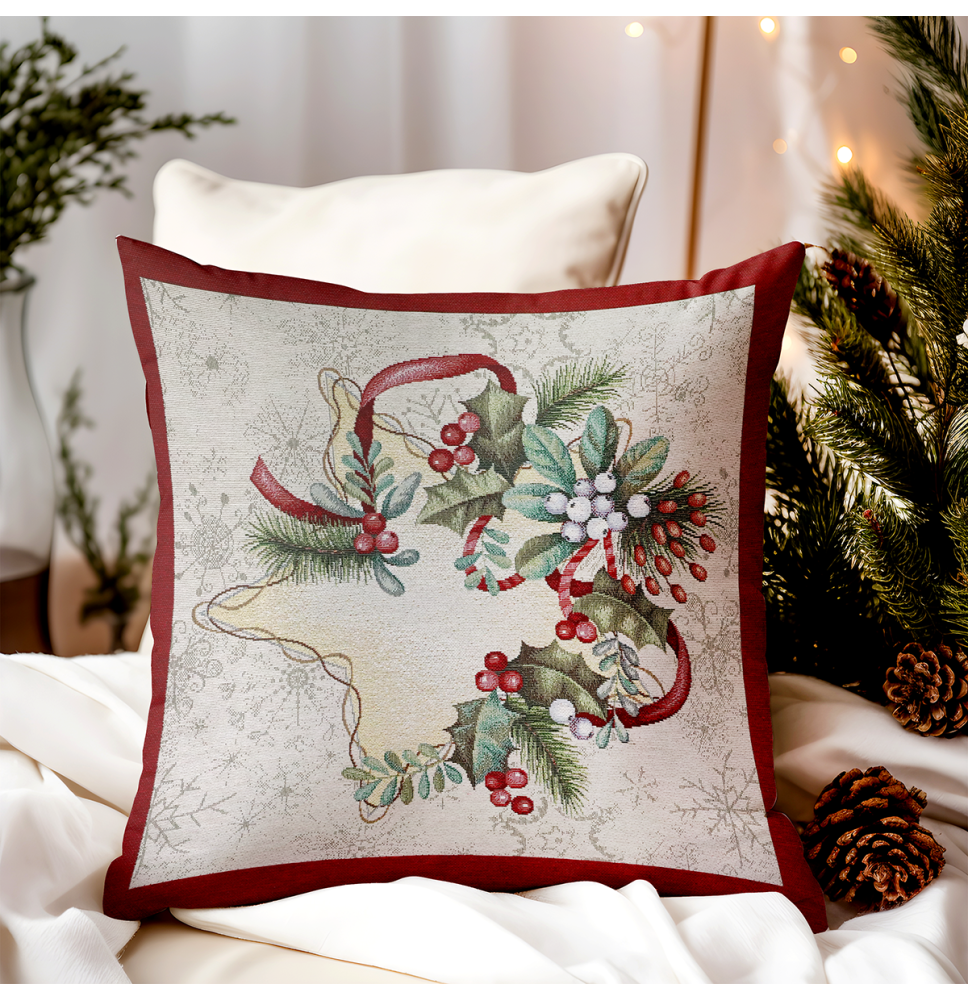 Karácsonyi gobelin párnahuzat - Téli dekoráció magyal és szalaggal