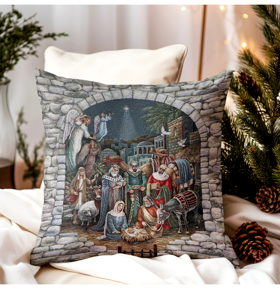 Karácsonyi gobelin párnahuzat Betlehem motívumával