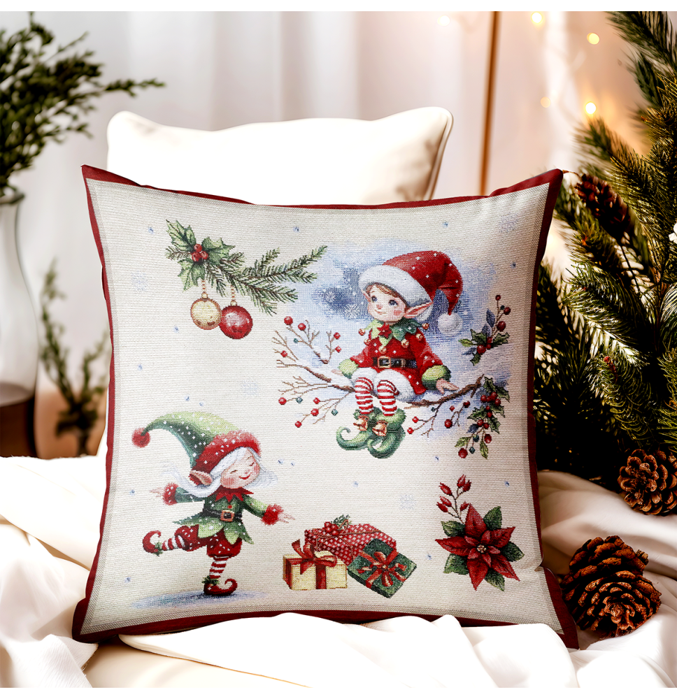 Karácsonyi gobelinpárnahuzat manókkal - lurexszel szőtt