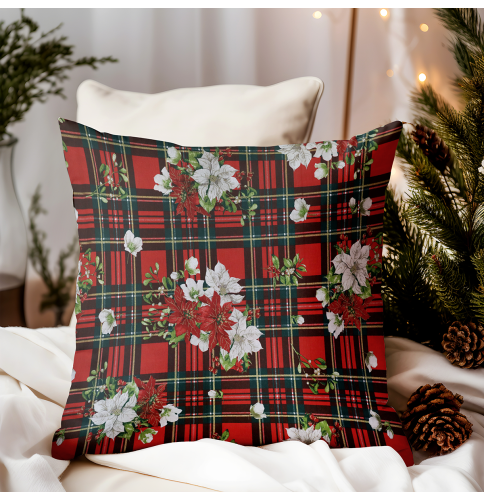 Karácsonyi pamut párnahuzat Karácsonyi rózsák a kockákra