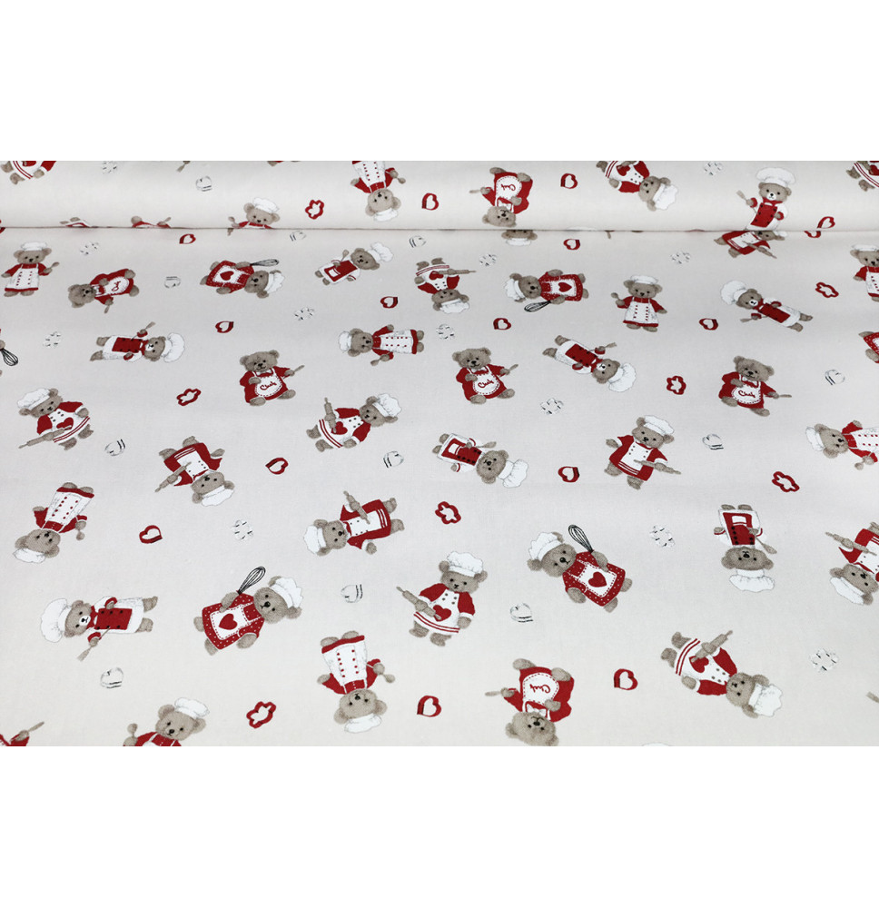 Dekoratív pamutszövet Teddy mackó szakács bordó színben, szélesség 140 cm