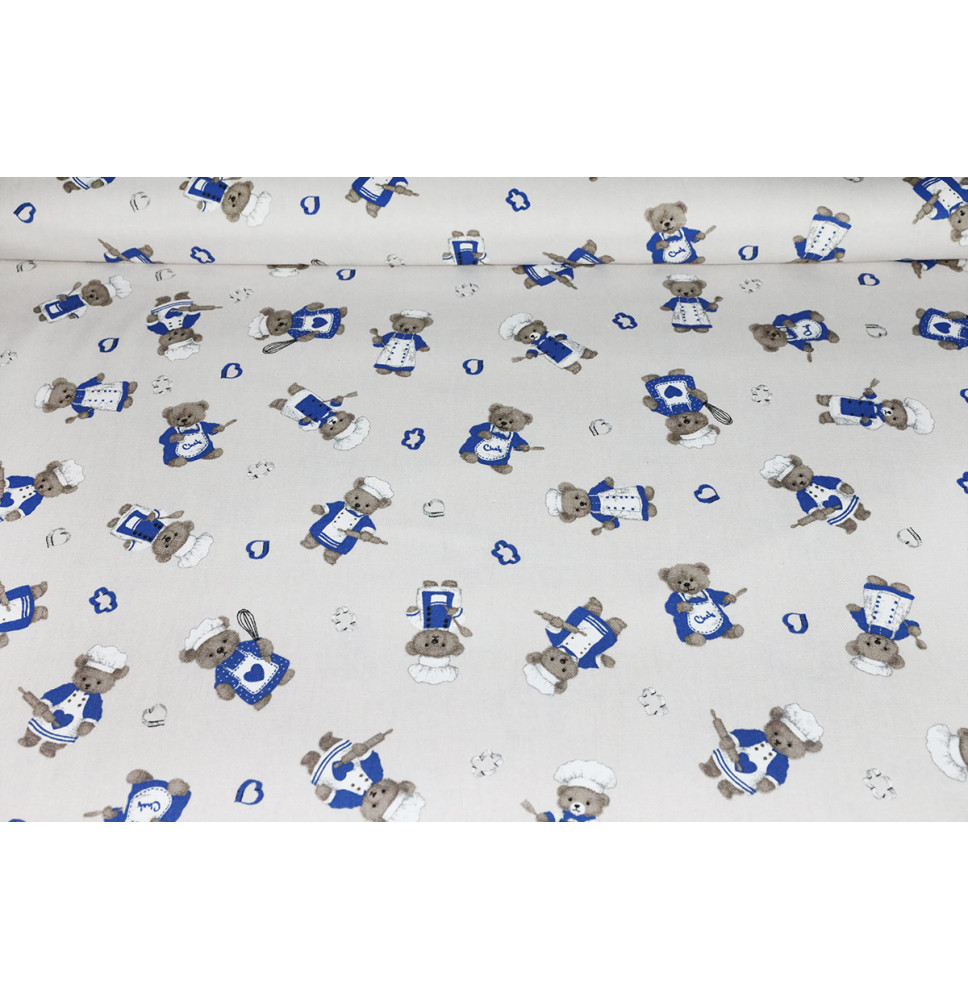 Dekoratív pamutszövet Teddy mackó szakács kék színben, szélesség 140 cm