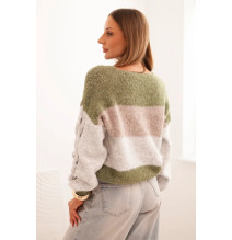 Női csíkos pulóver fonott szegéllyel khaki Made in Italy