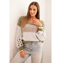 Női csíkos pulóver fonott szegéllyel khaki Made in Italy