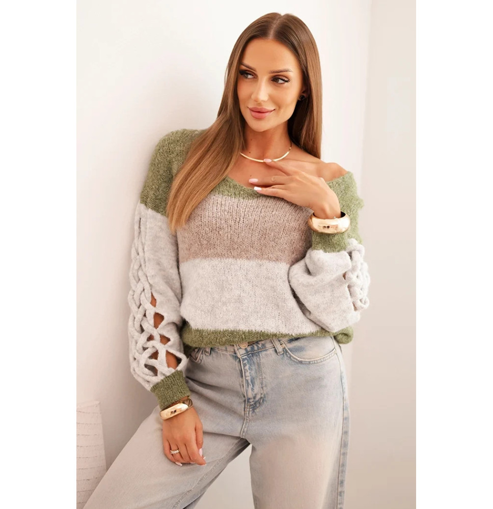 Női csíkos pulóver fonott szegéllyel khaki Made in Italy