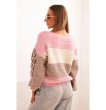 Női csíkos pulóver fonott szegéllyel rózsaszín Made in Italy