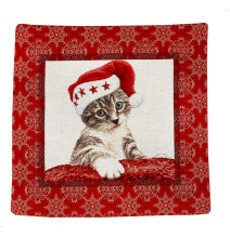 Karácsonyi lurexes gobelin párnahuzat - macska mikulás sapkában