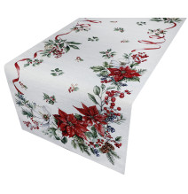Karácsonyi lurexes gobelin asztali futó - Karácsonyi virágok és gallyak