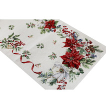 Karácsonyi lurexes gobelin asztali futó - Karácsonyi virágok és gallyak