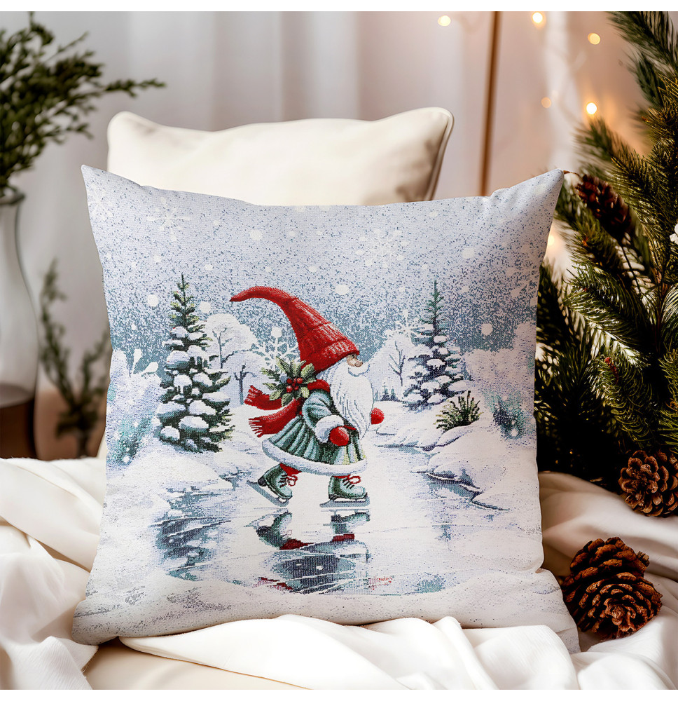 Karácsonyi Gobelin Párnahuzat - Manó korcsolyán