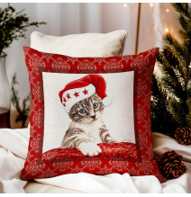 Karácsonyi lurexes gobelin párnahuzat - macska mikulás sapkában
