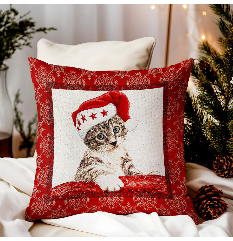 Karácsonyi lurexes gobelin párnahuzat - macska mikulás sapkában