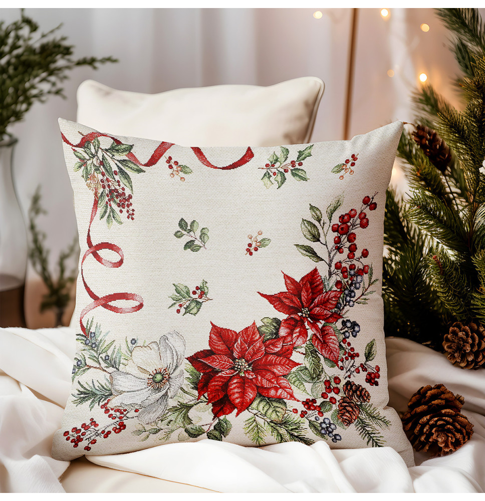 Karácsonyi lurexes gobelin párnahuzat - Karácsonyi virágok és gallyak