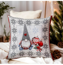 Karácsonyi lurexszel díszített gobelin párnahuzat - törpe és karácsonyi gömbök